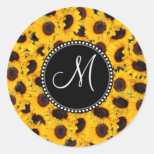 Monogram Vibranly Beautiful Sunflowers Runder Aufkleber (Vorderseite)