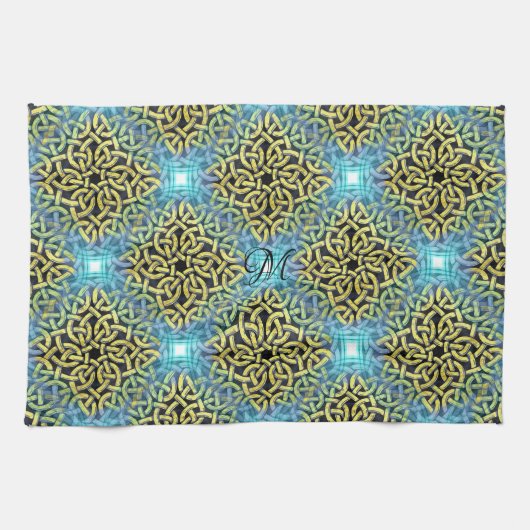 Monogram Viktorianisch Golden Trim Aqua Hintergrun Geschirrtuch (Horizontal)