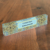 Monogram Viktorianisch Golden Trim Aqua Hintergrun Namensplakette (Seite)