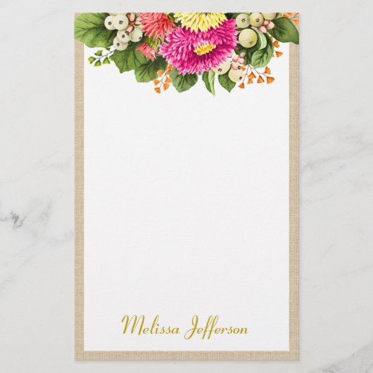 Monogram Vintag Asters Bouquet Pink Stationer Briefpapier (Vorderseite)