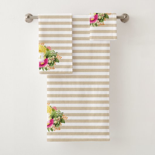 Monogram Vintag Asters Hot Pink Beige Handtuch Set (Insitu)