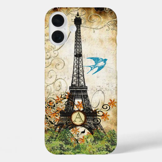 Monogram Vintag Bird Eiffel Tower Case-Mate iPhone Hülle (Rückseite)