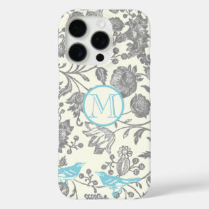 Monogram Vintag Bird Gray Ivory Aqua Blue iPhone 16 Pro Hülle
