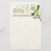 Monogram Vintag Bird Musical Branch Stationery Briefpapier (Vorne/Hinten)