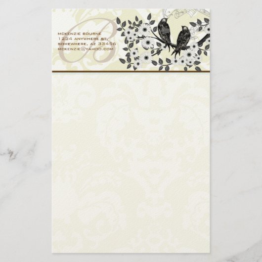 Monogram Vintag Birds Daisy Branch Stationery Briefpapier (Vorderseite)