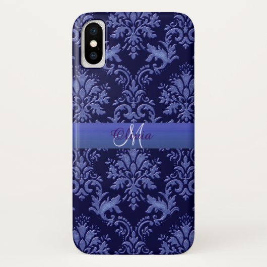 Monogram Vintag Blue Damask iPhone Case (Rückseite)