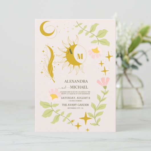 Monogram Vintag Celestial Botanical Wedding Einladung (Stehend Vorderseite)
