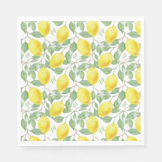 Monogram Vintag Chic Lemons Blätter und Blume Serviette (Vorderseite)