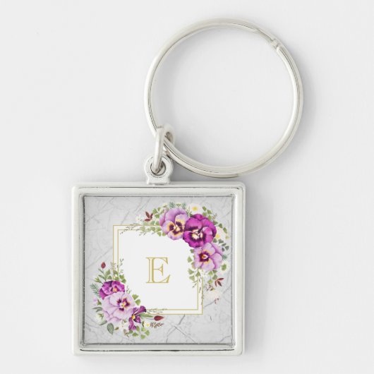 Monogram Vintag Chic Marble Lila Stiefmütterchen Schlüsselanhänger (Vorne)
