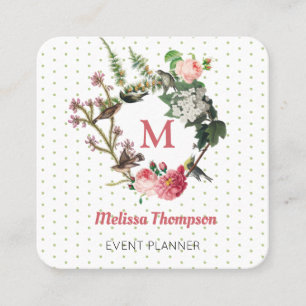 Monogram Vintag Floral Bird Wreath Event Plane Quadratische Visitenkarte