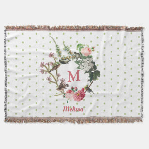 Monogram Vintag Floral & Bird Wreath Polka Dots Decke