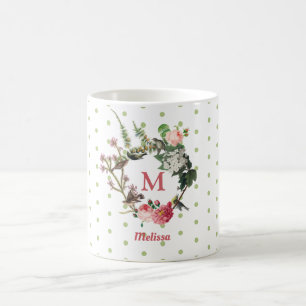 Monogram Vintag Floral & Bird Wreath Polka Dots Kaffeetasse
