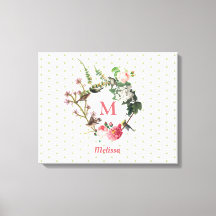Monogram Vintag Floral & Bird Wreath Polka Dots