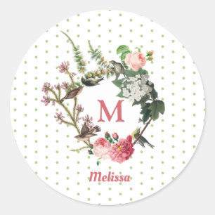 Monogram Vintag Floral & Bird Wreath Polka Dots Runder Aufkleber