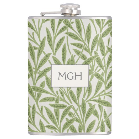 Monogram Vintag Green Willow Blätter Flachmann (Vorderseite)