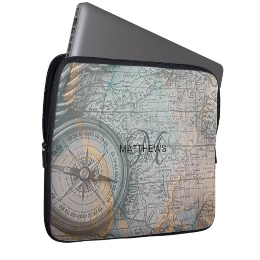 Monogram Vintag Map Compass Laptopschutzhülle (Vorne Rechts)