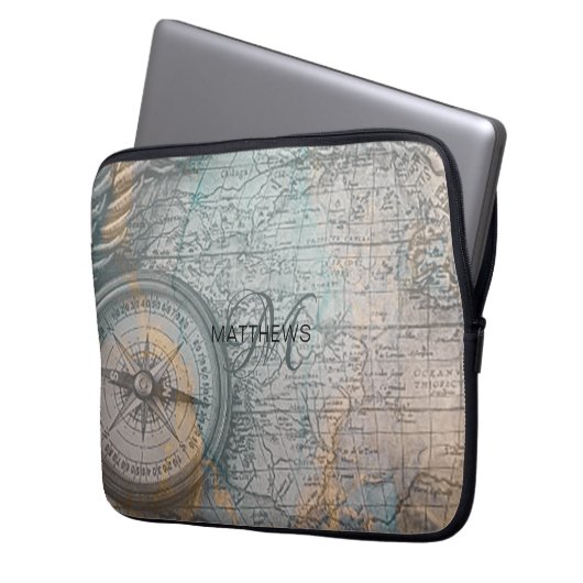Monogram Vintag Map Compass Laptopschutzhülle (Vorderseite Links)