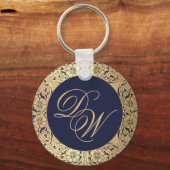 Monogram Vintag Navy Blue Gold Rose Calligraphy Schlüsselanhänger (Vorderseite)