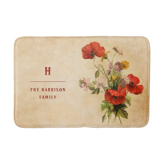 Monogram Vintag Rustic Bouquet Red Poppies Beige Badematte (Vorderseite)