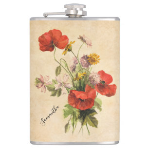 Monogram Vintag Rustic Bouquet Red Poppies Beige Flachmann