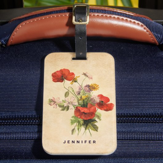 Monogram Vintag Rustic Bouquet Red Poppies Beige Gepäckanhänger (Vorderseite Insitu 2)