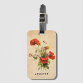 Monogram Vintag Rustic Bouquet Red Poppies Beige Gepäckanhänger (Vorderseite Vertikal)