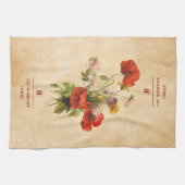 Monogram Vintag Rustic Bouquet Red Poppies Beige Geschirrtuch (Horizontal)