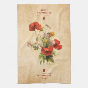 Monogram Vintag Rustic Bouquet Red Poppies Beige Geschirrtuch