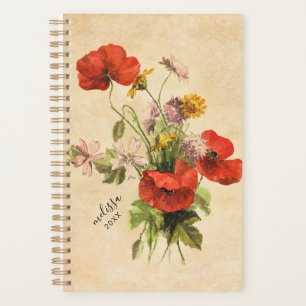 Monogram Vintag Rustic Bouquet Red Poppies Beige Planer