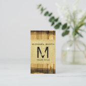 Monogram Vintag Rustic Burlap Wood Look Visitenkarte (Stehend Vorderseite)