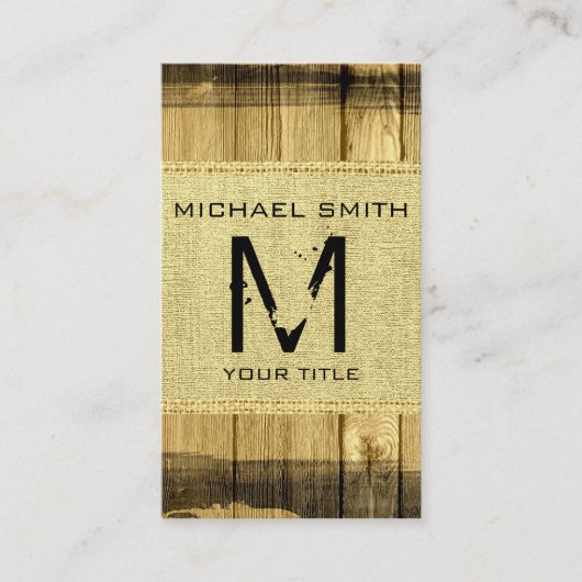 Monogram Vintag Rustic Burlap Wood Look Visitenkarte (Vorderseite)