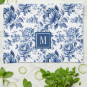 Monogram Vintage Blau Weiße Florale Rosen Geschirrtuch (Gefaltet)