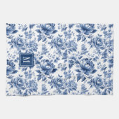 Monogram Vintage Blau Weiße Florale Rosen Geschirrtuch (Horizontal)