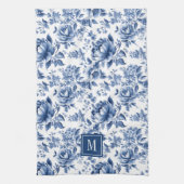 Monogram Vintage Blau Weiße Florale Rosen Geschirrtuch (Vertikal)