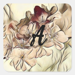 Monogram Vintage Braunkirschblüten zeichnend Quadratischer Aufkleber