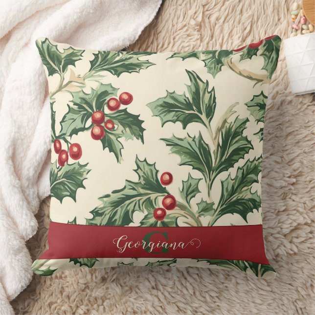 Monogram Vintage Christmas Holly & Berries Muster Kissen (Decke)