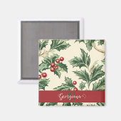 Monogram Vintage Christmas Holly & Berries Muster Magnet (Vorderseite/Rückseite)