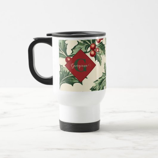 Monogram Vintage Christmas Holly & Berries Muster Reisebecher (Links)