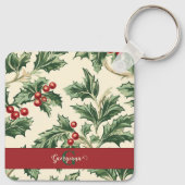 Monogram Vintage Christmas Holly & Berries Muster Schlüsselanhänger (Rückseite)