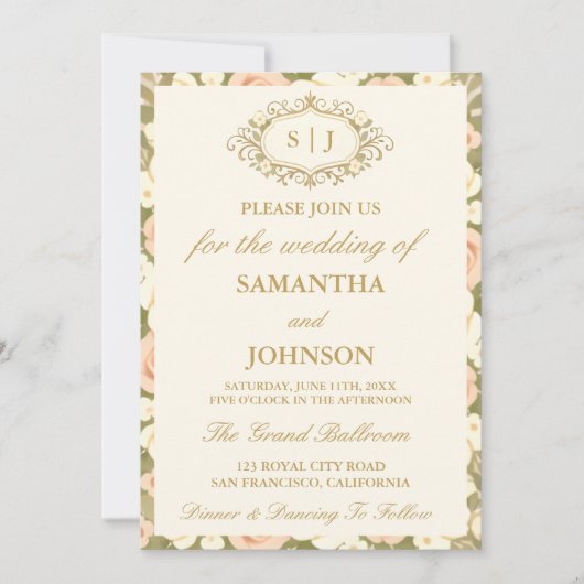 Monogram Vintage Ivory Photo Wedding Invitation Einladung (Vorderseite)