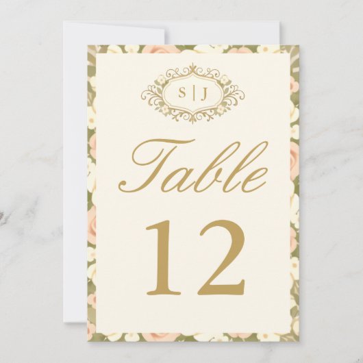 Monogram Vintage Ivory Wedding Table Number Einladung (Vorderseite)