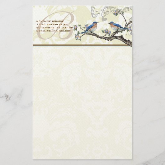 Monogram Vintage Vögel blühende Branchenstation Briefpapier (Vorderseite)