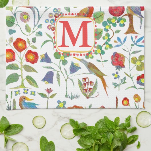 Monogram Vintage Vögel Blumenmuster Handtuch (Gefaltet)