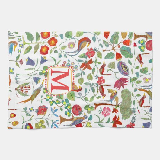 Monogram Vintage Vögel Blumenmuster Handtuch (Horizontal)