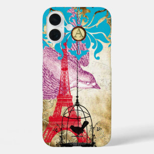 Monogram Vintage-Vogel Effiel-Turm Damast iPhone 16 Plus Hülle