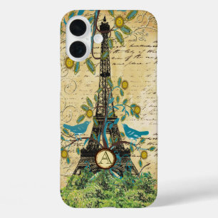 Monogram Vintage Vogel Eiffelturm iPhone 16 Plus Hülle