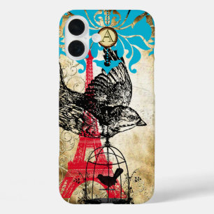Monogram Vintage-Vogel Eiffelturm Damast iPhone 16 Plus Hülle