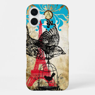 Monogram Vintage-Vogel Eiffelturm Damast iPhone 16 Plus Hülle