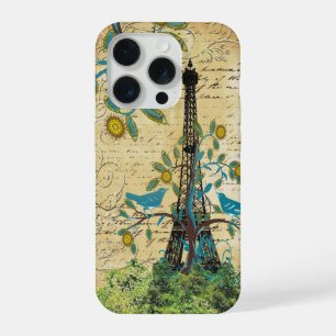 Monogram Vintageliebesspatzen Eiffelturm iPhone 15 Pro Hülle