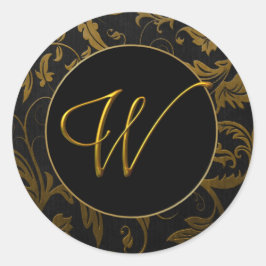 Monogram W Gold and Black Damask Wedding Siegel Runder Aufkleber
